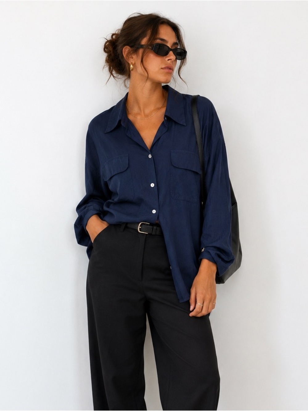 Vintage Bogari Signature Silk Blend Navy Button Up Blouse Small Quiet Luxury